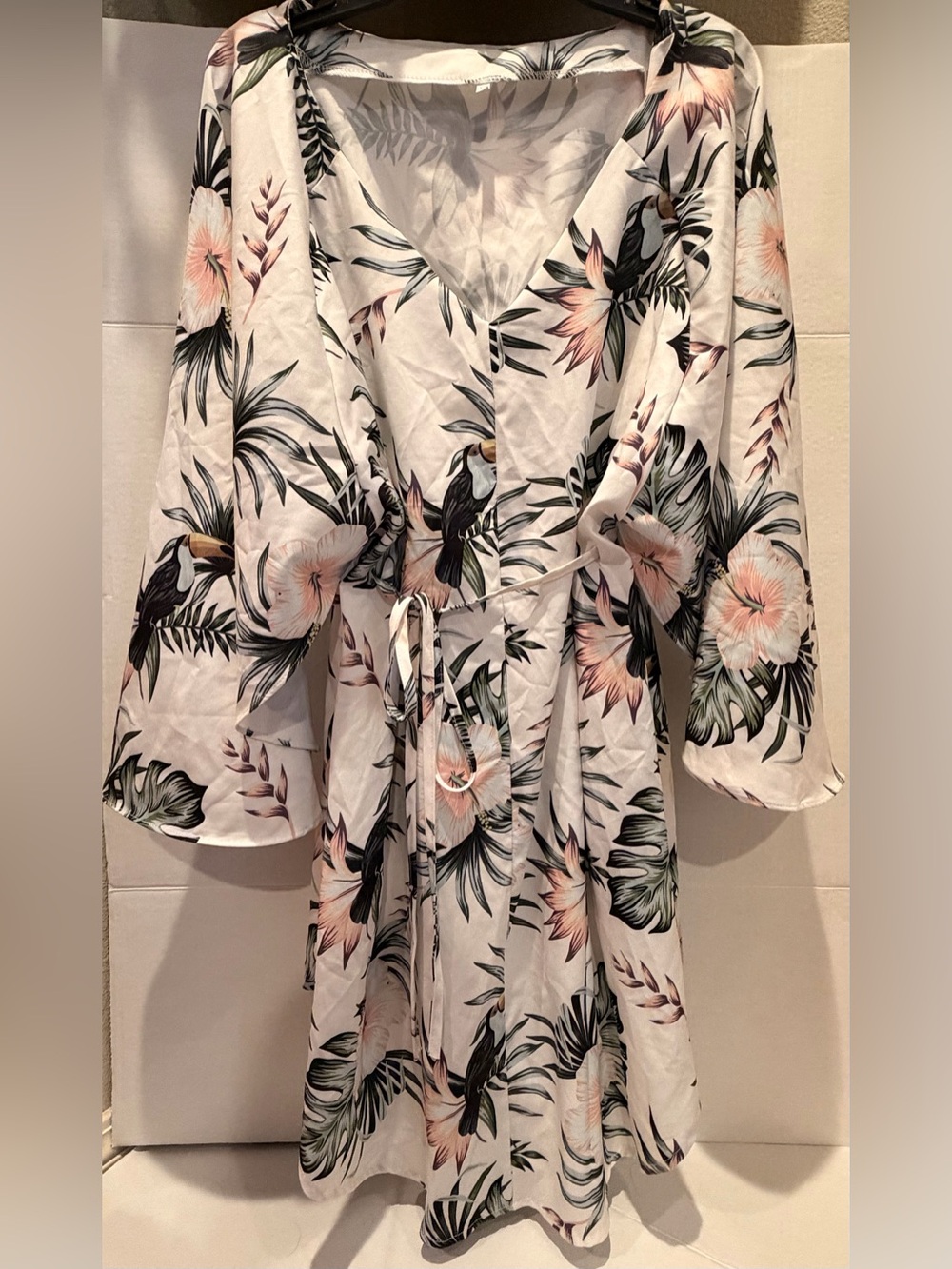 Amazon White Floral Tie-Waist Midi Dress with Green & Pink Leaves